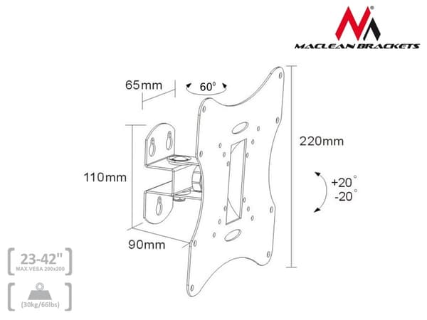 Maclean MC-501A Universal Wall TV-beslag 23-42" uo til 30 kg vesa 200x200 Sort