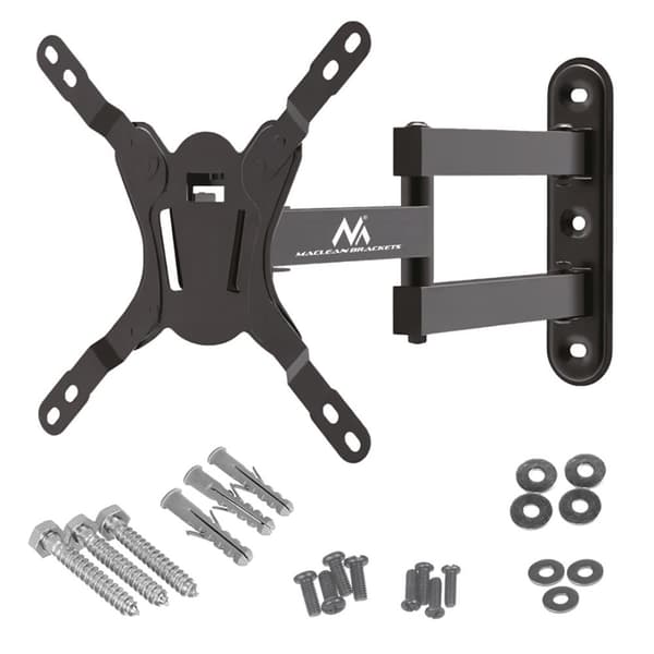 Maclean MC-418 TV-skærm Full Motion vægmontering 23"-43" 30 kg max VESA 200x200 Sort Vipning Roterende Justerbar Vægafstand Holder Beslag Robust pulve
