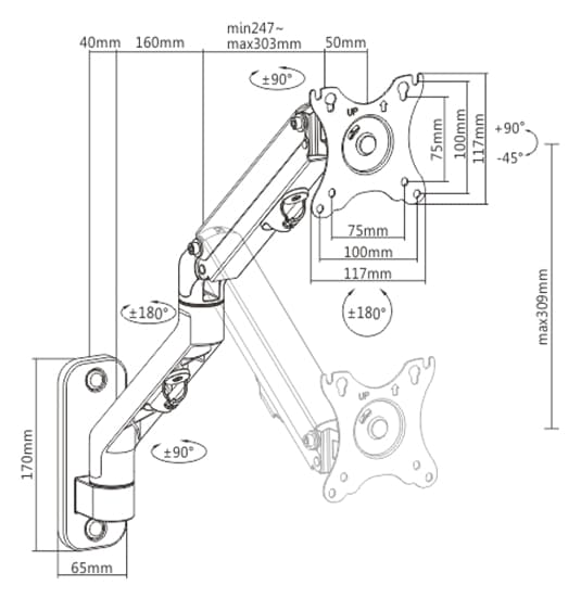 Gembird MA-WA1-02 Justerbar vægmonteringsarm, 17"-27", op til 7 kg