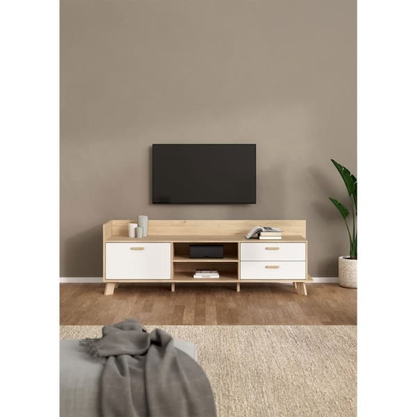 Ikast TV-bord 1 dør, 2 skuffer, 2 hyller eik dekor, hvit.