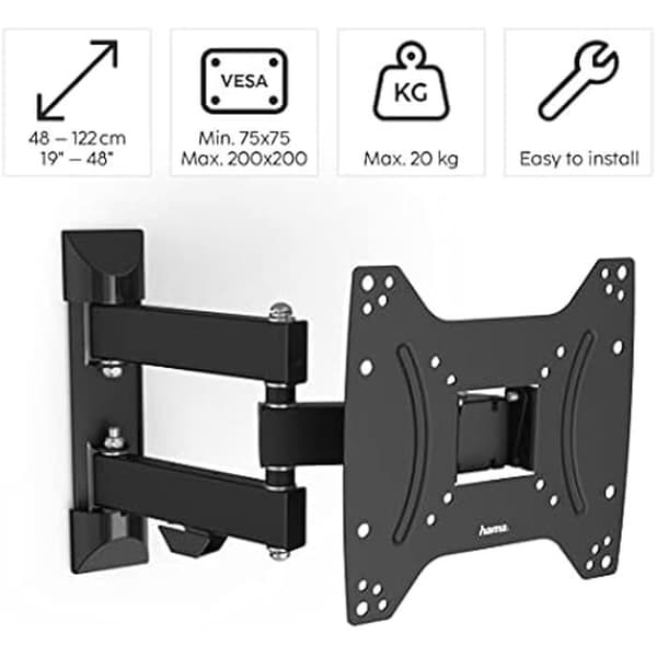 TV Väggfäste - HAMA - Tiltbar och vridbar - 19-48 tum - VESA 75x75 till 200x200 - Max. 20 kg