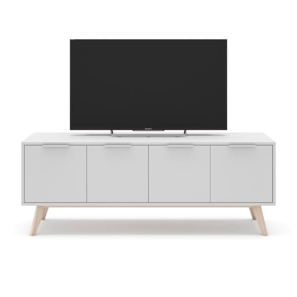 Meuble TV 4 Portes Blanc et Pin Massif L140 cm - Campus