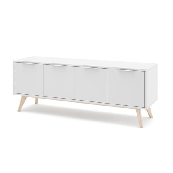 Meuble TV 4 Portes Blanc et Pin Massif L140 cm - Campus