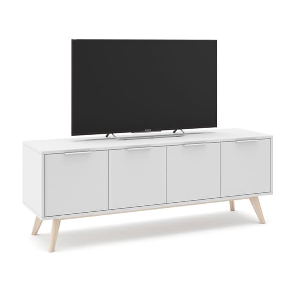 Meuble TV 4 Portes Blanc et Pin Massif L140 cm - Campus