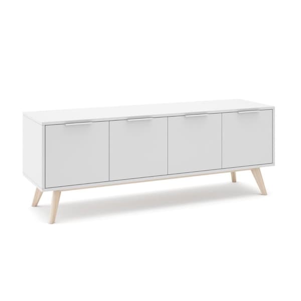 Meuble TV 4 Portes Blanc et Pin Massif L140 cm - Campus
