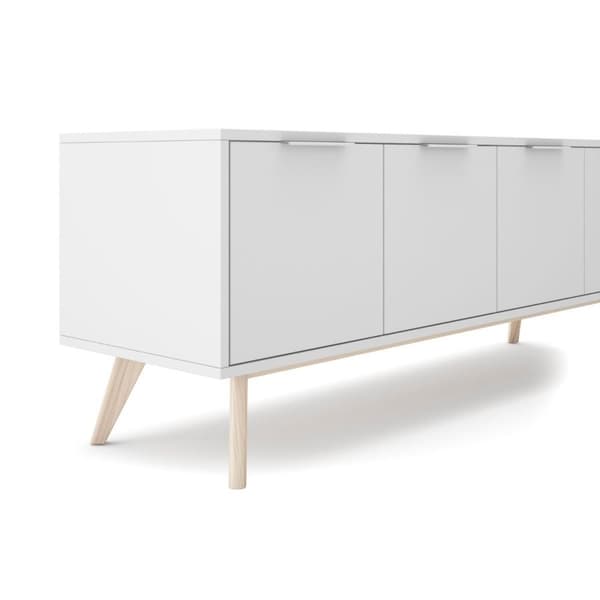 Meuble TV 4 Portes Blanc et Pin Massif L140 cm - Campus