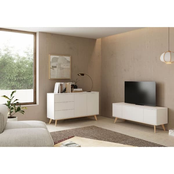 Meuble TV 4 Portes Blanc et Pin Massif L140 cm - Campus