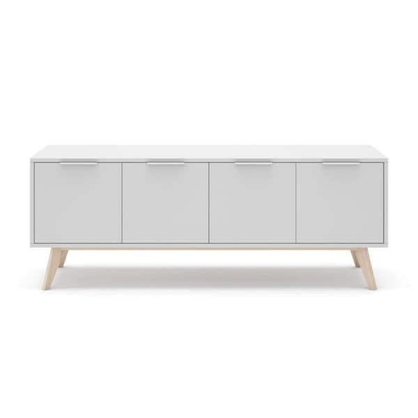 Meuble TV 4 Portes Blanc et Pin Massif L140 cm - Campus