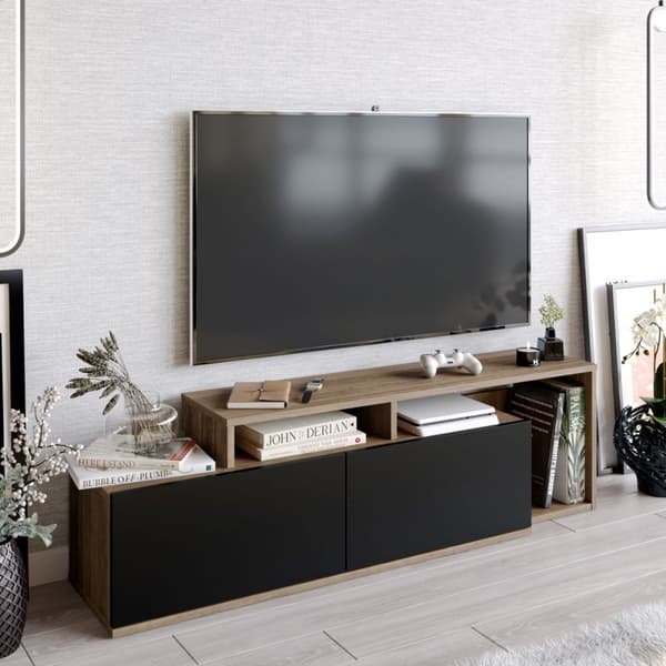 Meuble TV 2 portes décor noyer et noir L150 cm - Nexera