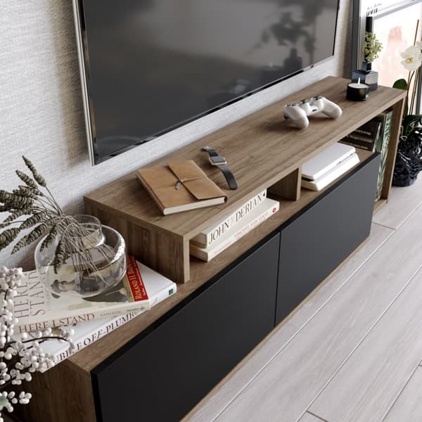 Meuble TV 2 portes décor noyer et noir L150 cm - Nexera
