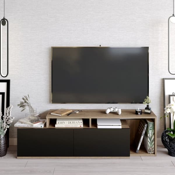 Meuble TV 2 portes décor noyer et noir L150 cm - Nexera