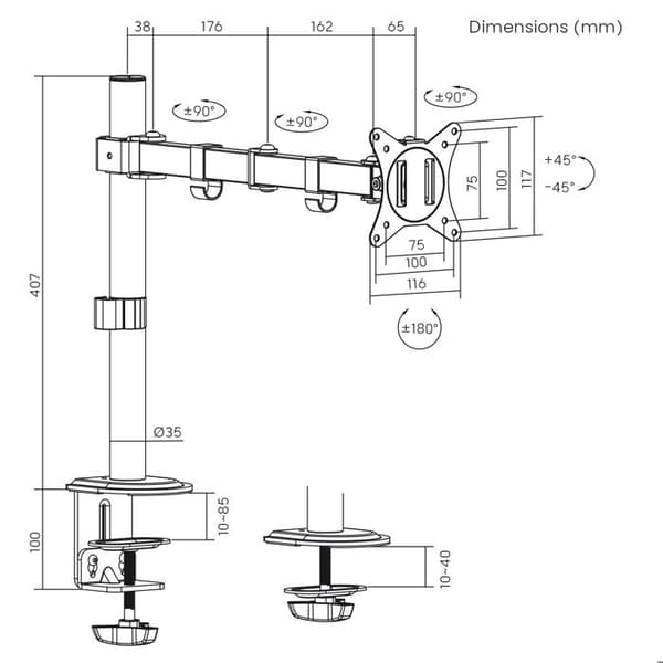 Maclean skrivbordsfäste för LCD-skärm, 17-32", 9 kg, VESA 75x75 och 100x100 dubbelarm, MC-753N