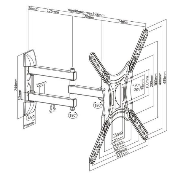 TooQ platt väggfäste - Utdragbart 40cm - VESA 400x400 - 30kg max - Svart