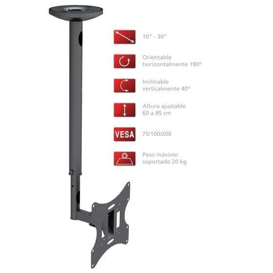 Fonestar-fäste för TV från 10" till 30" Tak, VESA 75/100/200 standard, svart, stöder upp till 30 kg Svart