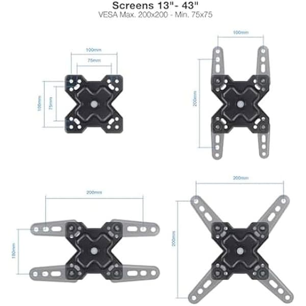 TOOQ LP1345TN-B - Väggfäste, lutande och roterande för 13"-43" skärmar, vridbar, upp till 20 kg vikt, kompatibel med skärmar