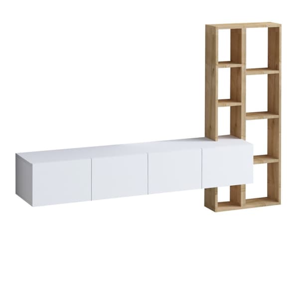 Meuble TV suspendu 4 portes blanc et étagère chêne L182 cm - PANA