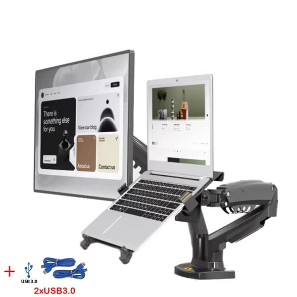 Dobbelt Monitor Laptop Holder, Gasfjeders Dobbelt Arm, Understøtter 17-27 Tommer Skærme,Matte trækul 2xusb