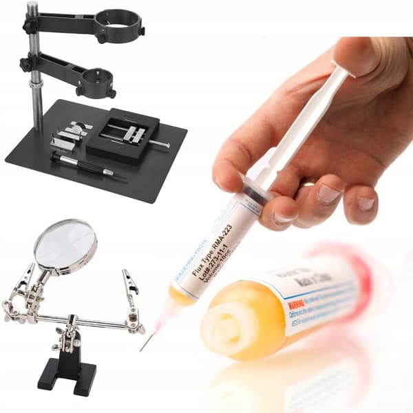 Rosfix Varmluft- og printplademonteringsplatform/holder + RMA-223 loddeflusmiddel + tredjehåndsværktøj med forstørrelsesglas