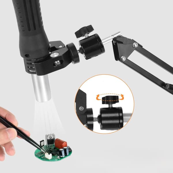 Bom - universel tredje arm med 4 krokodilleklemmer monteret på bordpladen