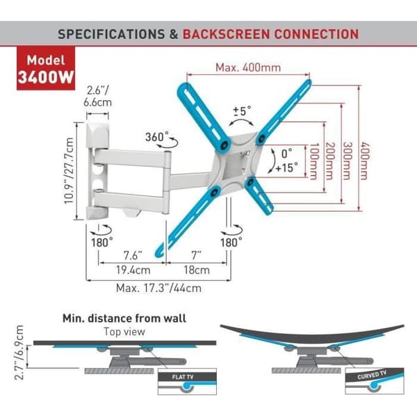 Stöd för TV - 3400 W Vesa upp till 400 x 400 mm roterande vikbar svängbar nekhängig väggmonterad 29–1651 cm/74–165 cm platt/t