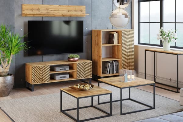 RTV skåp 135 cm loft ek hantverk guld - fiskbensmönster