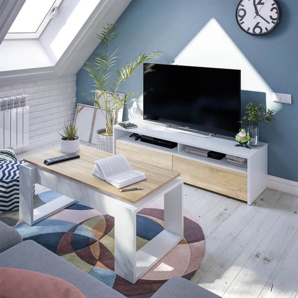 Meuble TV 2 portes battantes et 2 niches de rangement Kioto - L130 cm