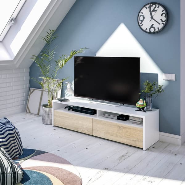 Meuble TV 2 portes battantes et 2 niches de rangement Kioto - L130 cm