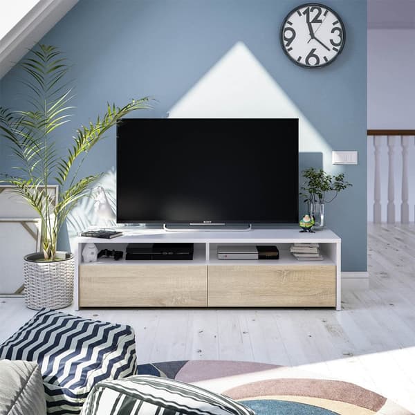 Meuble TV 2 portes battantes et 2 niches de rangement Kioto - L130 cm