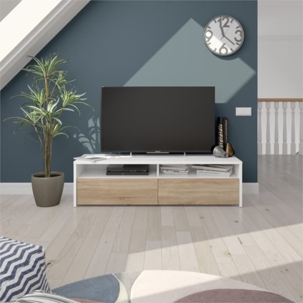 Meuble TV 2 portes battantes et 2 niches de rangement Kioto - L130 cm
