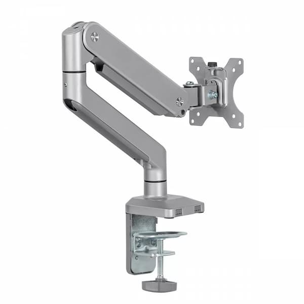 Ergo Office -alumiininen näyttöteline kaasujousella, kaksoisvarsi, VESA 75x75/100x100, 17"-32" 10 kg hopea, ER-447