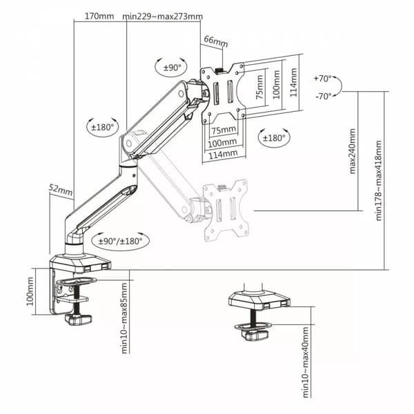 Ergo Office -alumiininen näyttöteline kaasujousella, kaksoisvarsi, VESA 75x75/100x100, 17"-32" 10 kg hopea, ER-447