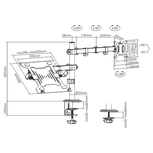 Gembird MA-DA-03 Säädettävä pöytäteline näyttövarrella ja kannettavan tietokoneen lokerolla (käännettävä, kallistettava, kääntyvä), 17–32”, jopa 9 kg