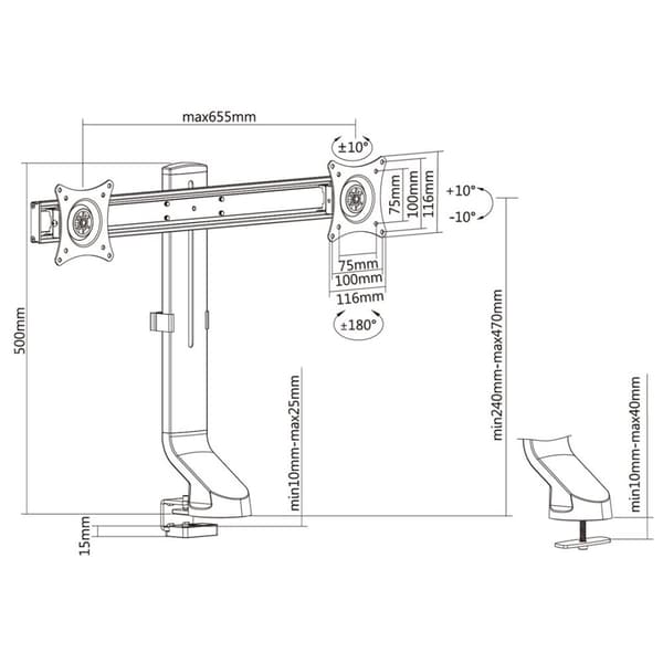 Maclean MC-854 Holder til to skærme / dobbelt 17"-27" 14kg VESA 75x75 100x100 passer til MC-848 og MC-849