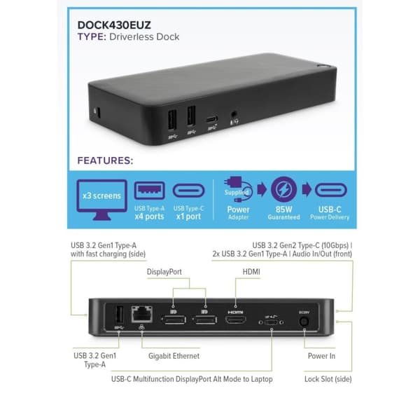 Targus, USB-C Triple-HD -telakointiasema 85 W:n teholla