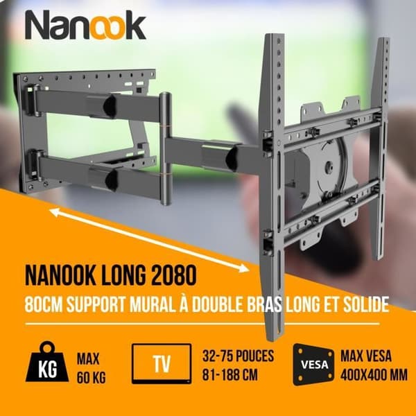 Nanook TV Väggfäste med extra lång arm upp till 80 cm - Svängbar - 32-75 tum - Max. 60 kg - VESA 100x100 till 400x400