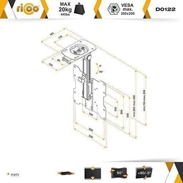 RICOO D0122 Universal tak-TV-fäste 13 33 tum (33 84 cm) Vridbar Fällbar Justerbar höjd Tele OLED LCD LED VESA 200x20