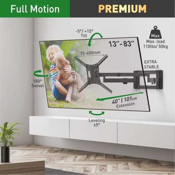 Stödhållare TV Mural Barkan Dubbla Armar Full Rörelse Articulerande - 4 Rörelser TV Väggfäste, passar platta och kurviga skärmar i storlekarna 13 til