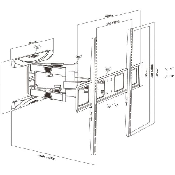 Maclean TV-fäste, max VESA 800x600, 43-100", 80kg, horisontell och vertikal vinkeljustering, profil 50-500mm, svart, MC-423