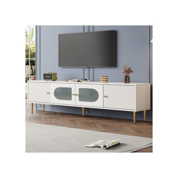Elegant TV Cabinet 170*35*50cm - Vit möbel, gyllene fötter och handtag, 2 dörrar med vertikala urtag