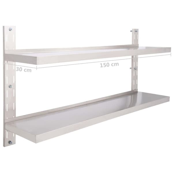 vidaXL Flytende vegghylle 2 nivåer rustfritt stål 150x30 cm