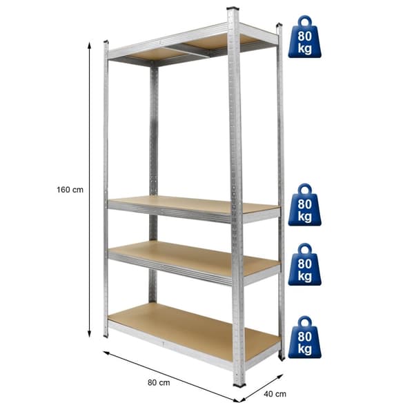 ECD Germany 2x verkstadshylla kraftig hylla 160x80x40cm upp till 320 kg fjädrande galvaniserad metall 4 MDF-paneler höjdjusterbar förvaringshylla