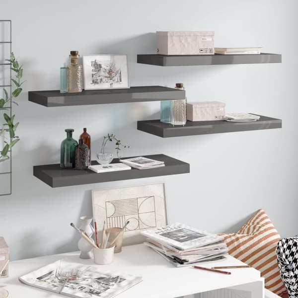 vidaXL væghylder 4 stk. 60x23,5x3,8 cm MDF grå højglans