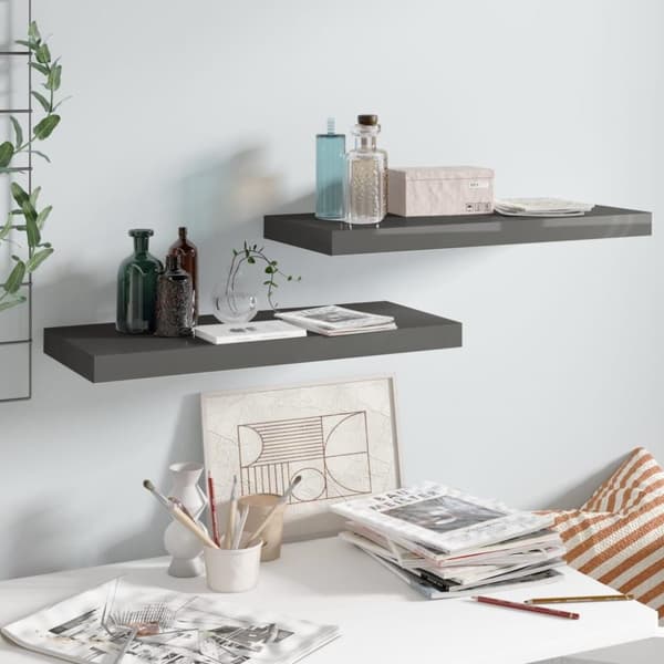 vidaXL Svävande vägghyllor 2 st grå högglans 60x23,5x3,8 cm MDF