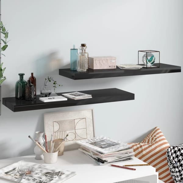 vidaXL Flytende vegghyller 2 stk høyglans svart 80x23,5x3,8 cm MDF