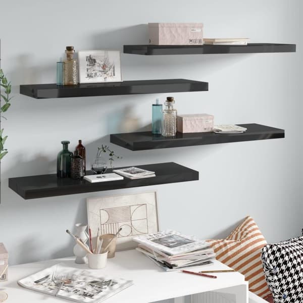 vidaXL Flytende vegghyller 4 stk høyglans svart 80x23,5x3,8 cm MDF
