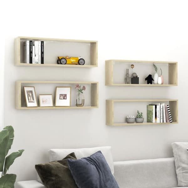 vidaXL væghylder 4 stk. 80x15x26,5 cm kubeformet spånplade sonoma-eg