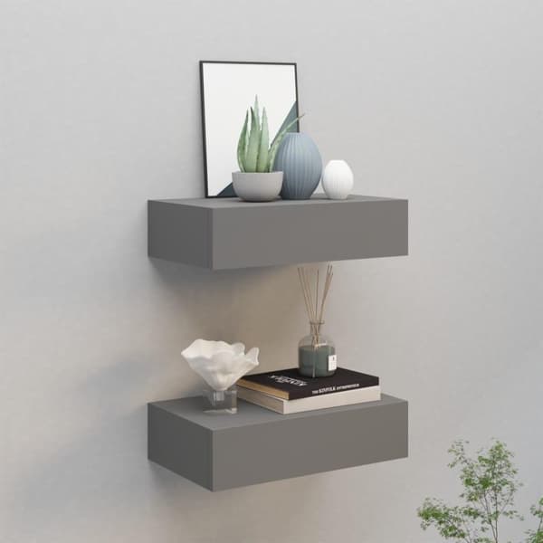 vidaXL væghylder med skuffer 2 stk. 40x23,5x10 cm MDF grå
