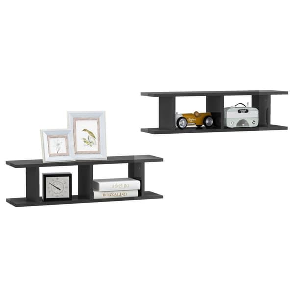 vidaXL Vegghyller 2 stk høyglans grå 75x18x20 cm konstruert tre