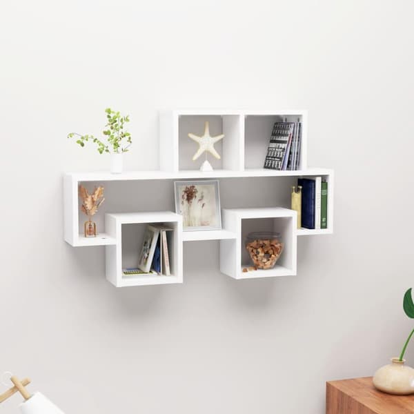 vidaXL bilformet væghylde 82x15x51 cm konstrueret træ hvid