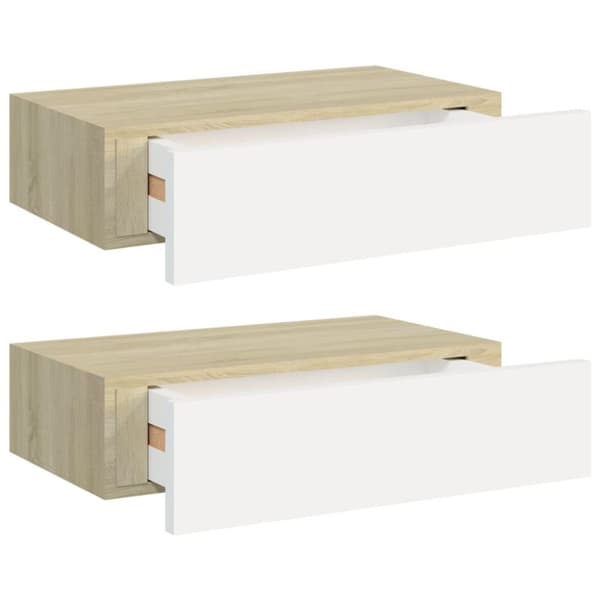 vidaXL Veggmonterte skuffehyller 2 stk eik og hvit 40x23,5x10 cm MDF
